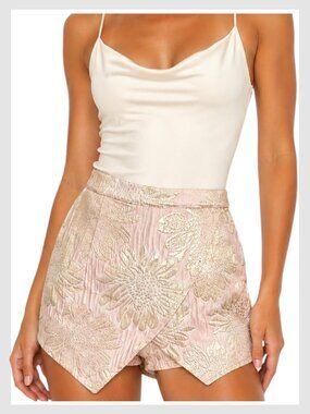 Superdown Metallic Brocade Wrap Skort Pink Floral Size S
